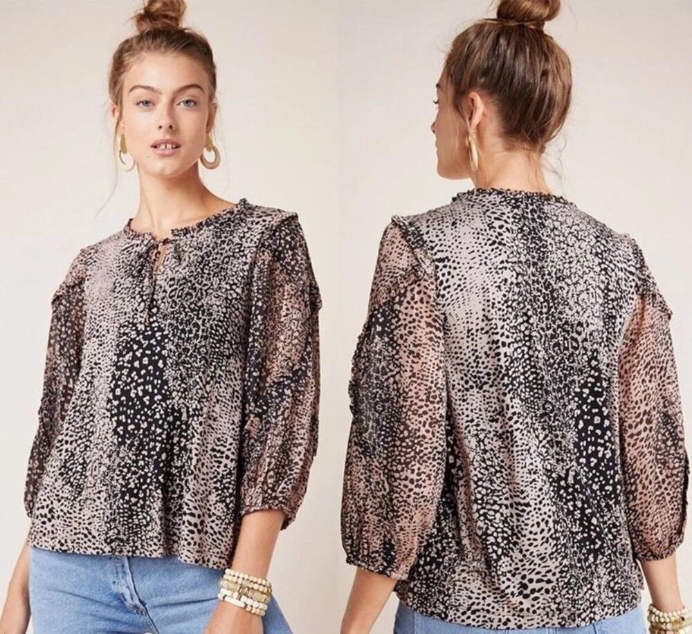 Maeve by Anthropologie Jacquin Peasant Top Shirt Animal Print Shimmer Size Small